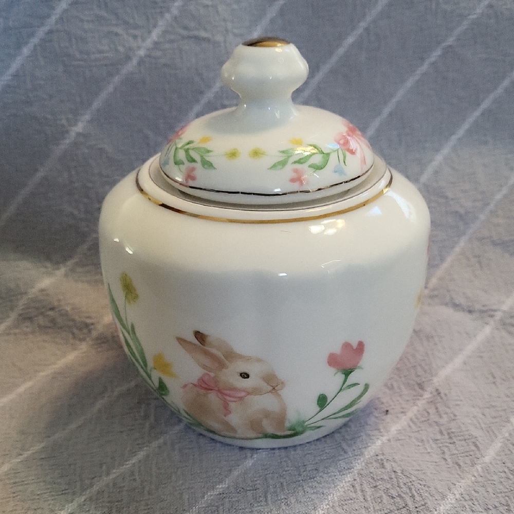 Porcelain Bunny Floral Covered Mini Jar - White with Pastel Accents